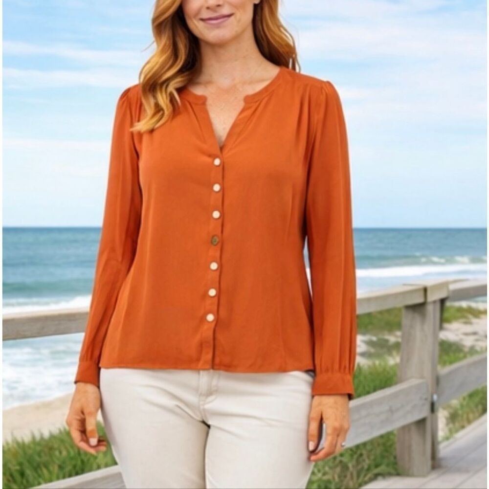 Garnet Hill orange crepe button front blouse size small
